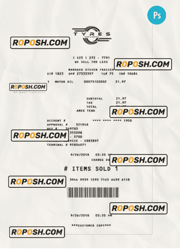 TYRES SHOP payment receipt PSD template