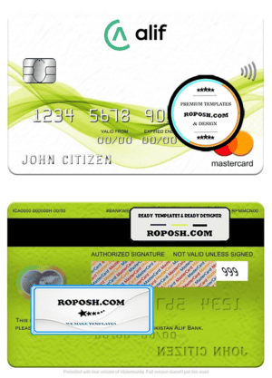 Tajikistan Alif Bank mastercard, fully editable template in PSD format