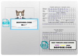 Tajikistan cat (animal, pet) passport PSD template, fully editable