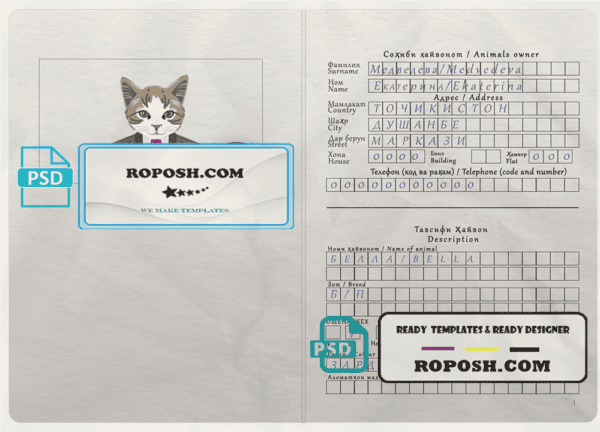 Tajikistan cat (animal, pet) passport PSD template, fully editable