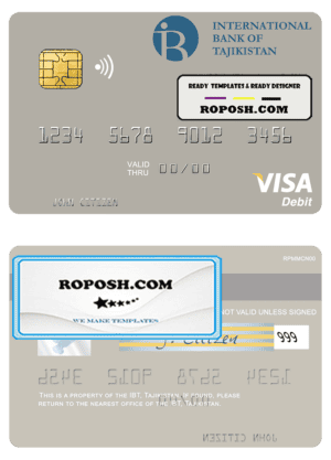Tajikistan IBT Bank visa debit card template in PSD format