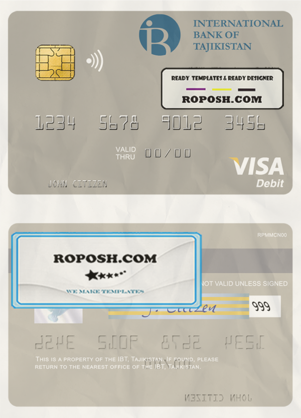Tajikistan IBT Bank visa debit card template in PSD format scan effect