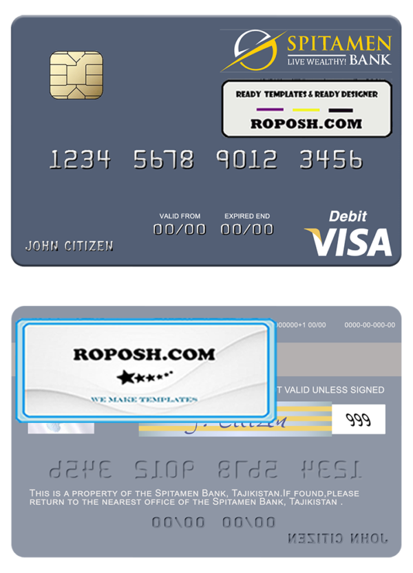 Tajikistan Spitamen Bank visa debit card template in PSD format