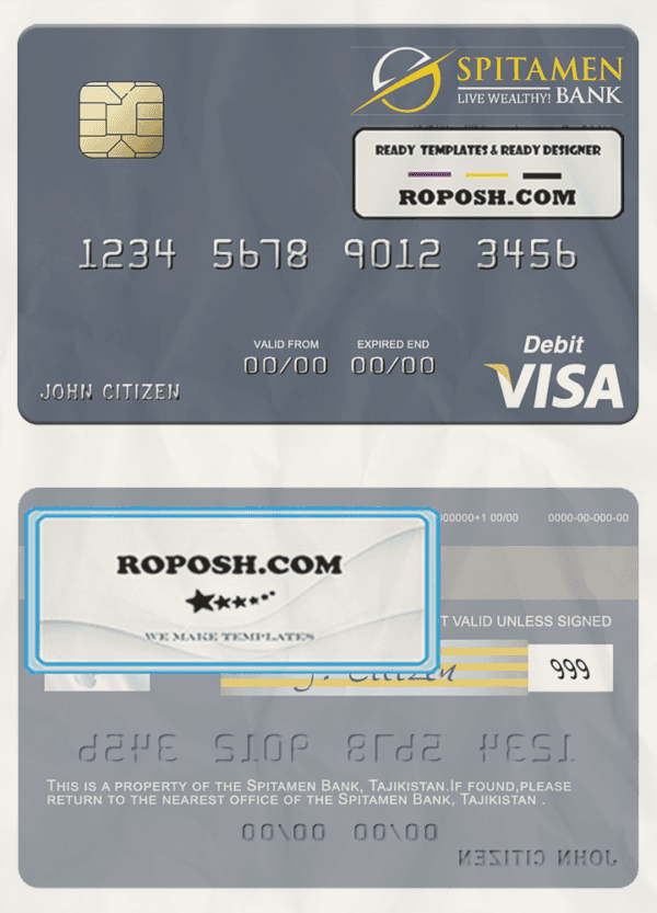 Tajikistan Spitamen Bank visa debit card template in PSD format