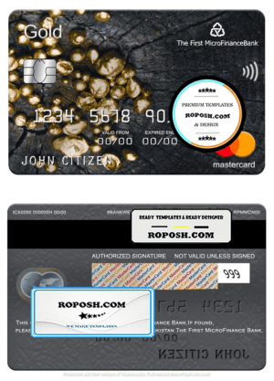 Tajikistan The First MicroFinance (FMFB) bank mastercard gold, fully editable template in PSD format