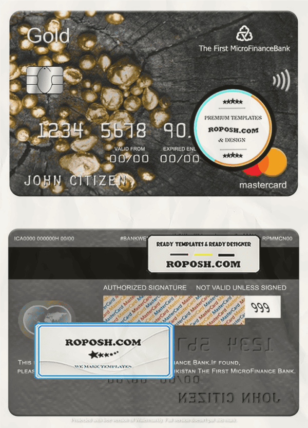 Tajikistan The First MicroFinance (FMFB) bank mastercard gold, fully editable template in PSD format