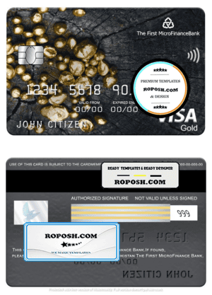 Tajikistan The First MicroFinance (FMFB) bank visa gold card, fully editable template in PSD format