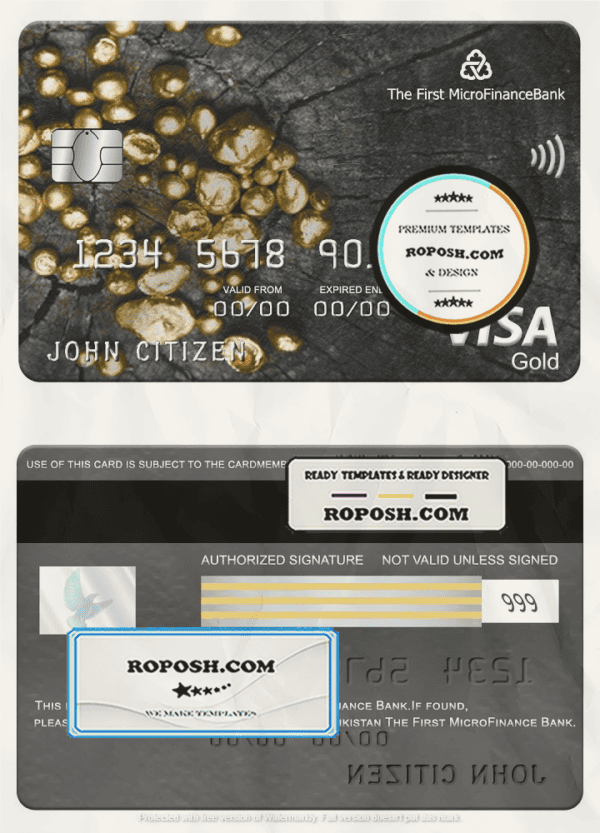 Tajikistan The First MicroFinance (FMFB) bank visa gold card, fully editable template in PSD format