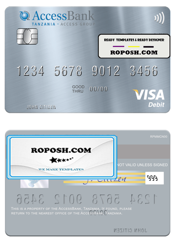 Tanzania AccessBank visa debit card template in PSD format