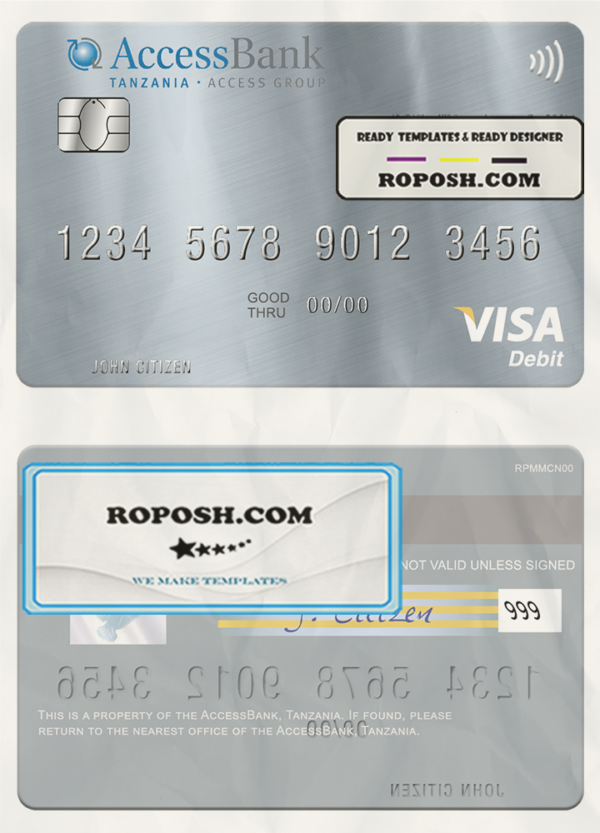 Tanzania AccessBank visa debit card template in PSD format scan effect