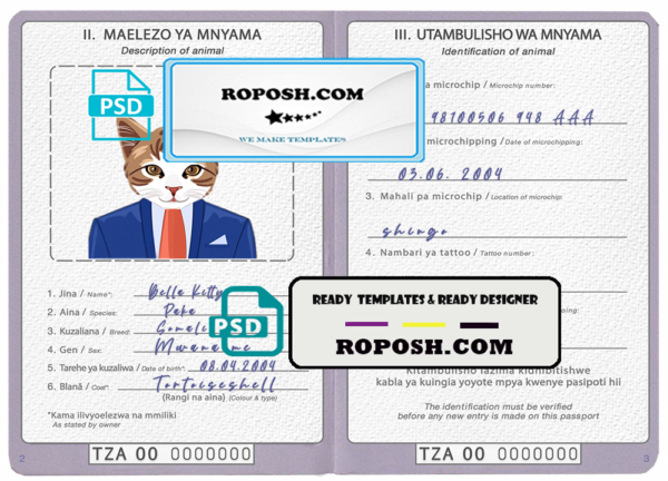 Tanzania cat (animal, pet) passport PSD template, completely editable