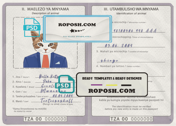 Tanzania cat (animal, pet) passport PSD template, completely editable