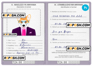 Tanzania dog (animal, pet) passport PSD template, completely editable