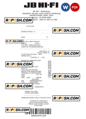 Australia JB Hi-Fi tax invoice Word and PDF template, fully editable