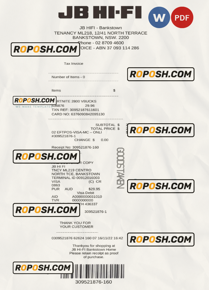 Australia JB Hi-Fi tax invoice Word and PDF template, fully editable scan effect