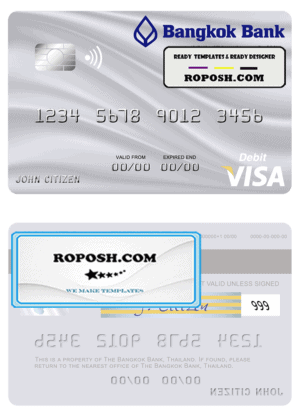 Thailand Bangkok Bank visa debit card template in PSD format