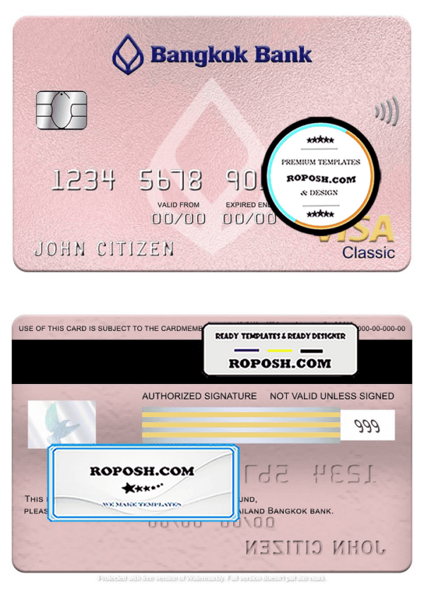 Thailand Bangkok bank visa classic card, fully editable template in PSD format