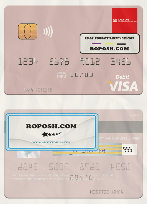 Thailand Calyon Bank visa debit card template in PSD format scan effect