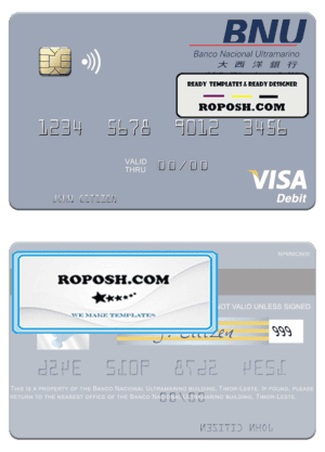 Timor-Leste Banco Nacional Ultramarino building visa debit card template in PSD format