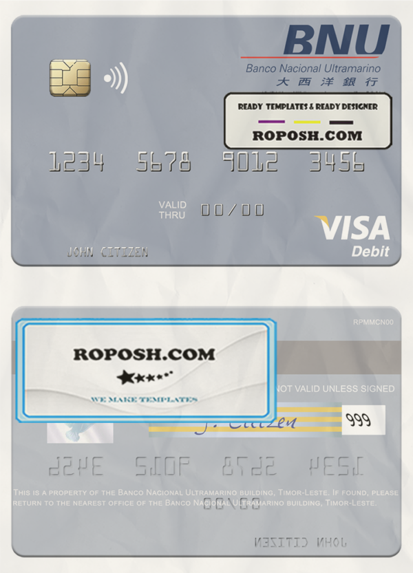 Timor-Leste Banco Nacional Ultramarino building visa debit card template in PSD format scan effect