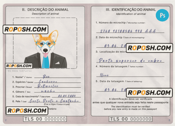 Timor-Leste dog (animal, pet) passport PSD template, fully editable