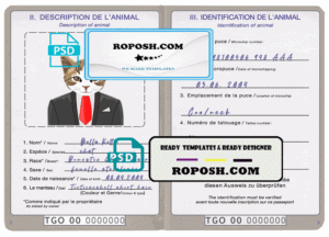 Togo cat (animal, pet) passport PSD template, completely editable