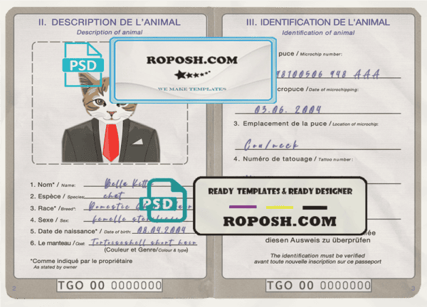 Togo cat (animal, pet) passport PSD template, completely editable