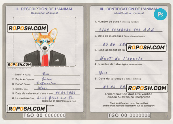 Togo dog (animal, pet) passport PSD template, completely editable