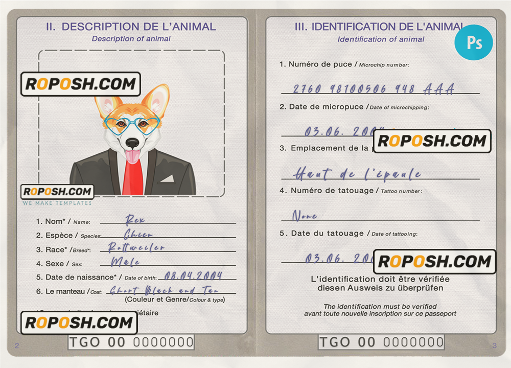 Togo dog (animal, pet) passport PSD template, completely editable scan effect