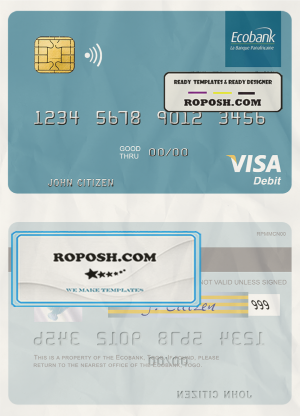 Togo Ecobank visa debit card template in PSD format scan effect