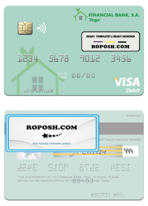 Togo Financial Bank visa debit card template in PSD format