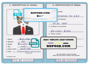 Trinidad and Tobago cat (animal, pet) passport PSD template, fully editable