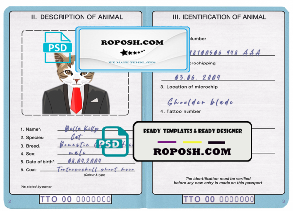 Trinidad and Tobago cat (animal, pet) passport PSD template, fully editable