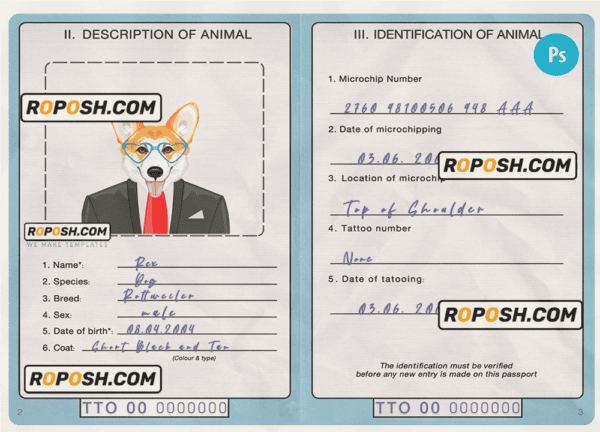 Trinidad and Tobago dog (animal, pet) passport PSD template, fully editable