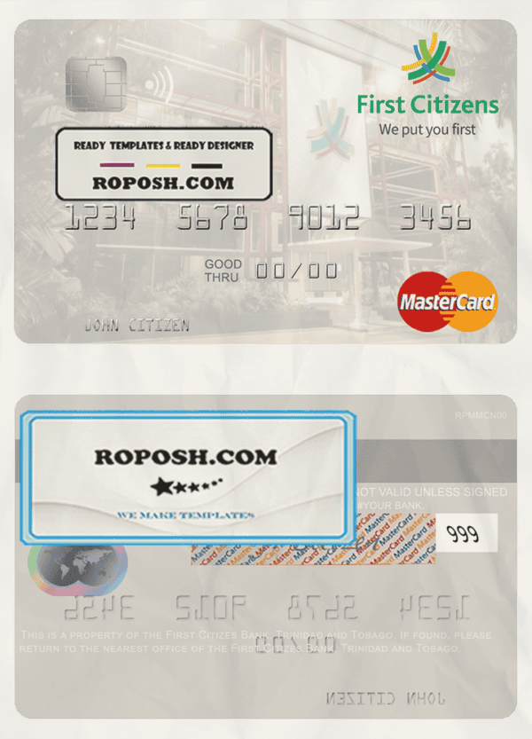Trinidad and Tobago First Citizes Bank mastercard template in PSD format