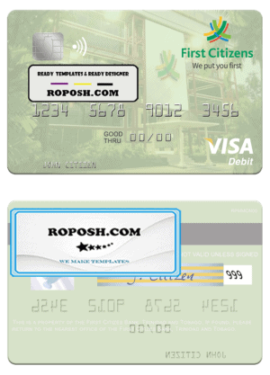 Trinidad and Tobago First Citizes Bank visa debit card template in PSD format