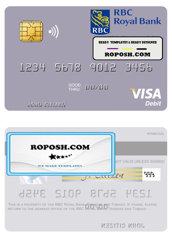 Trinidad and Tobago RBC Royal Bank visa debit card template in PSD format