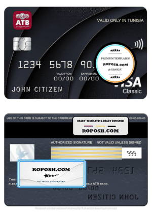 Tunisia ATB bank visa classic card, fully editable template in PSD format