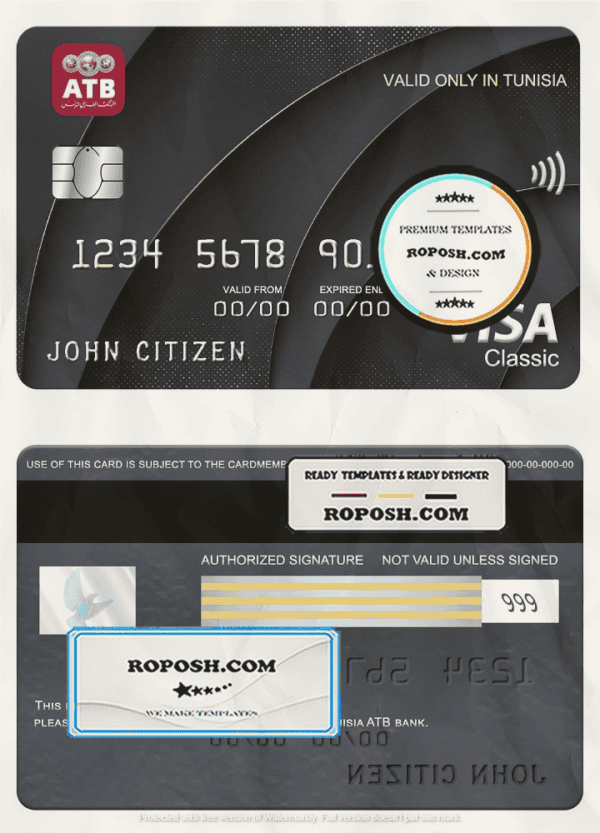 Tunisia ATB bank visa classic card, fully editable template in PSD format