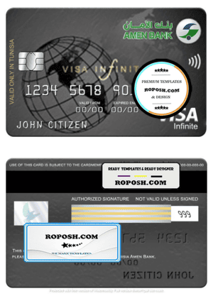 Tunisia Amen Bank visa infinite card, fully editable template in PSD format