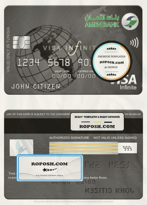 Tunisia Amen Bank visa infinite card, fully editable template in PSD format