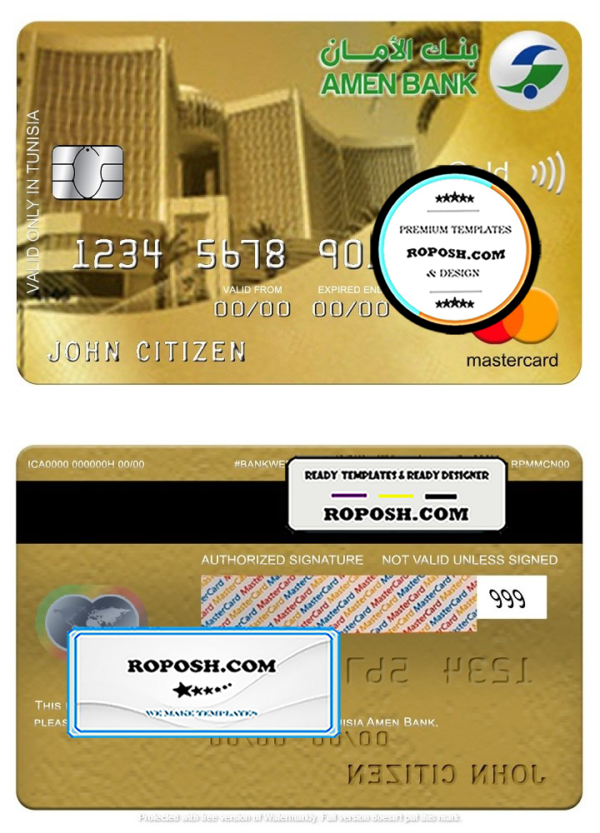 Tunisia Amen Bank mastercard gold, fully editable template in PSD format