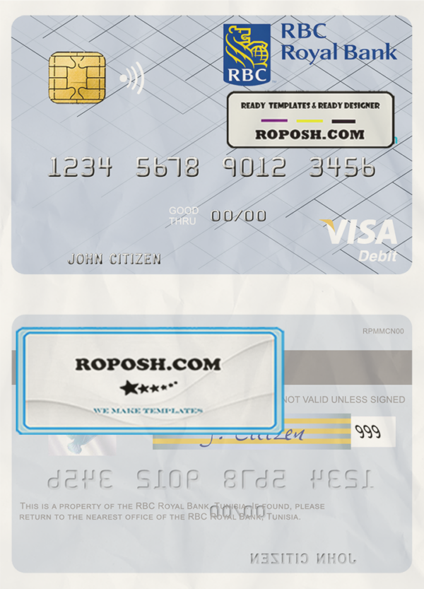 Tunisia RBC Royal Bank visa debit card template in PSD format scan effect