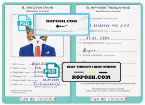 Turkey cat (animal, pet) passport PSD template, completely editable