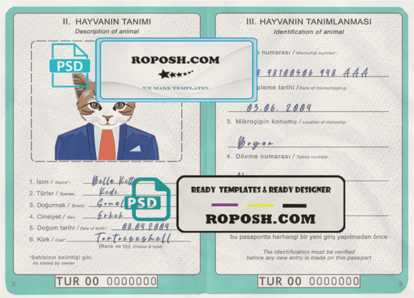 Turkey cat (animal, pet) passport PSD template, completely editable