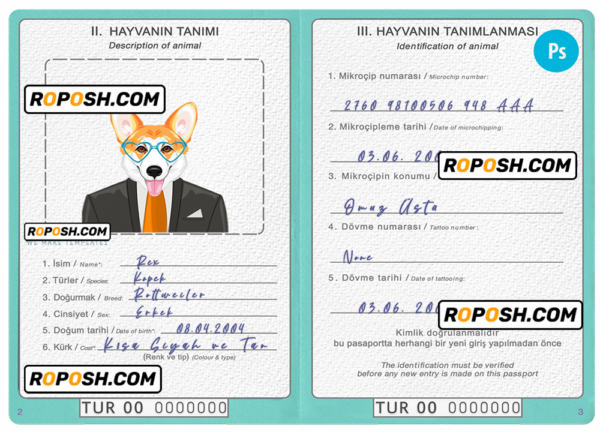 Turkey dog (animal, pet) passport PSD template, completely editable