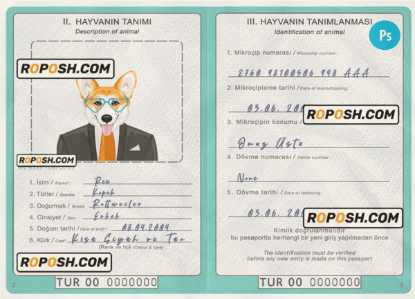 Turkey dog (animal, pet) passport PSD template, completely editable