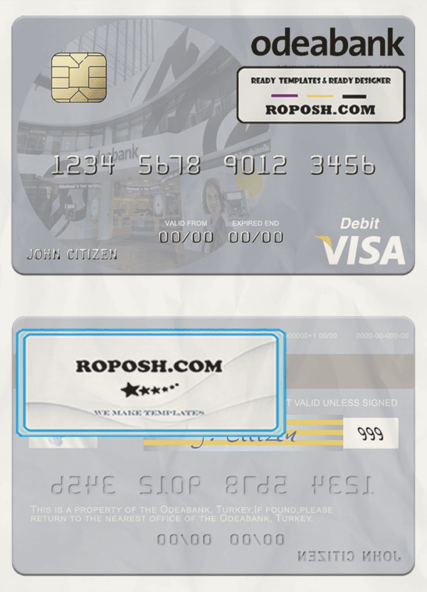 Turkey Odeabank visa debit card template in PSD format