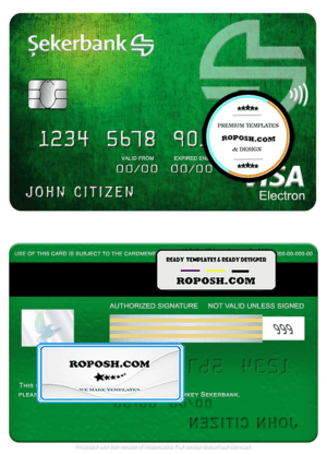 Turkey Sekerbank visa electron card, fully editable template in PSD format