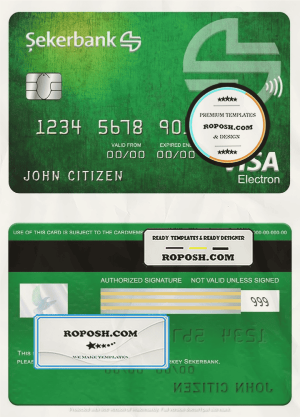 Turkey Sekerbank visa electron card, fully editable template in PSD format
